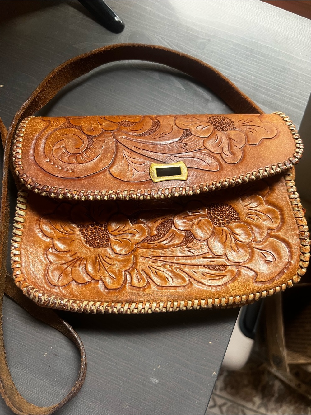 Hand-Tooled Floral Leather Crossbody Bag in Tan - Picture 5 of 6